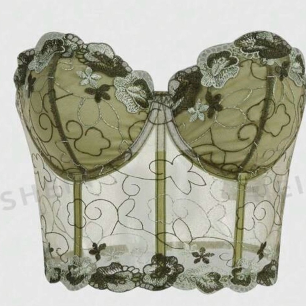 ROMWE Floral Lace Bustier in Olive, Sz S